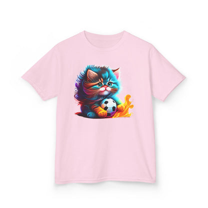 Cute Cat Soccer Kids Tee - Colorful Heavy Cotton Shirt for Young Sports Fans