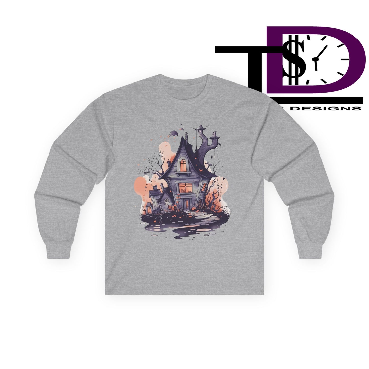 Spooky Haunted House Long Sleeve Tee, Halloween Shirt, Unisex Graphic Tee, Autumn Style, Cozy Fall Apparel, Horror T-Shirt