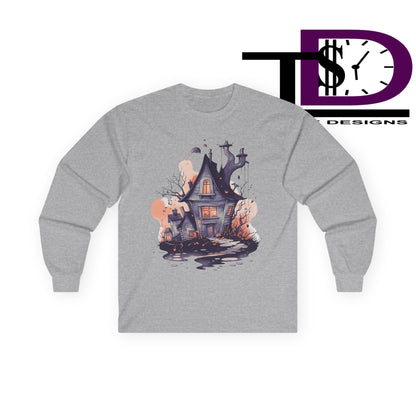 Spooky Haunted House Long Sleeve Tee, Halloween Shirt, Unisex Graphic Tee, Autumn Style, Cozy Fall Apparel, Horror T-Shirt