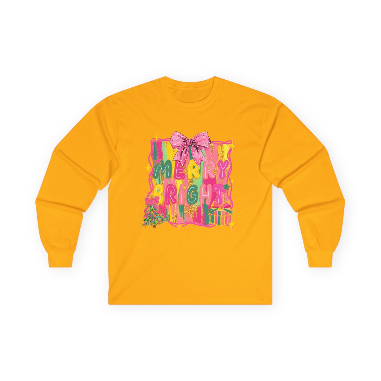 Merry Bright Long Sleeve Tee — Colorful Holiday Graphic Shirt