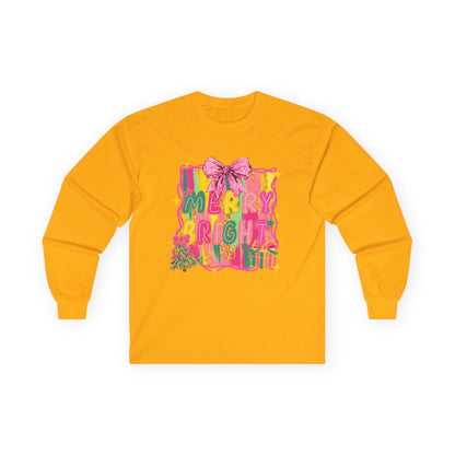 Merry Bright Long Sleeve Tee — Colorful Holiday Graphic Shirt