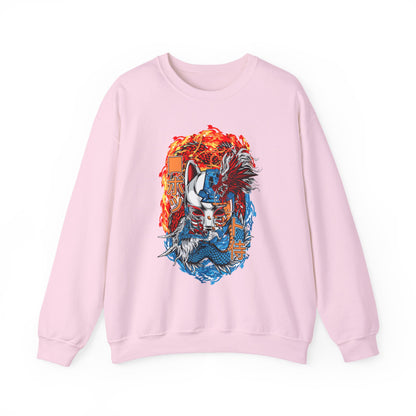Kitsune Dragon Clash Crewneck Sweatshirt — Fiery Red & Blue Japanese Mask Design