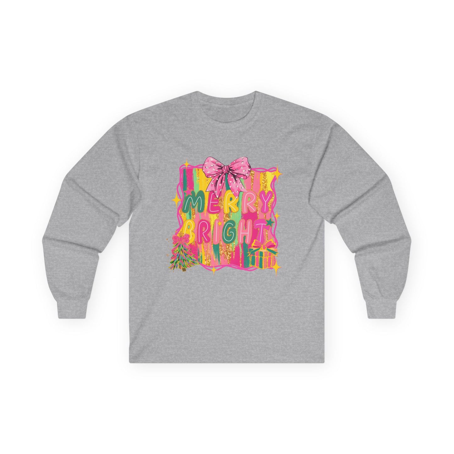 Merry Bright Long Sleeve Tee — Colorful Holiday Graphic Shirt