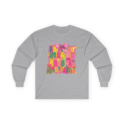 Merry Bright Long Sleeve Tee — Colorful Holiday Graphic Shirt