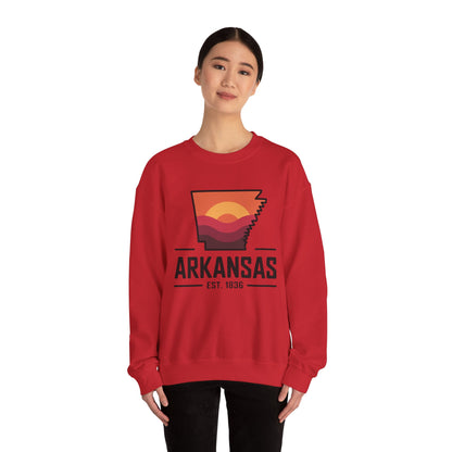 Arkansas Sunset Crewneck Sweatshirt — State Map Graphic, Est. 1836