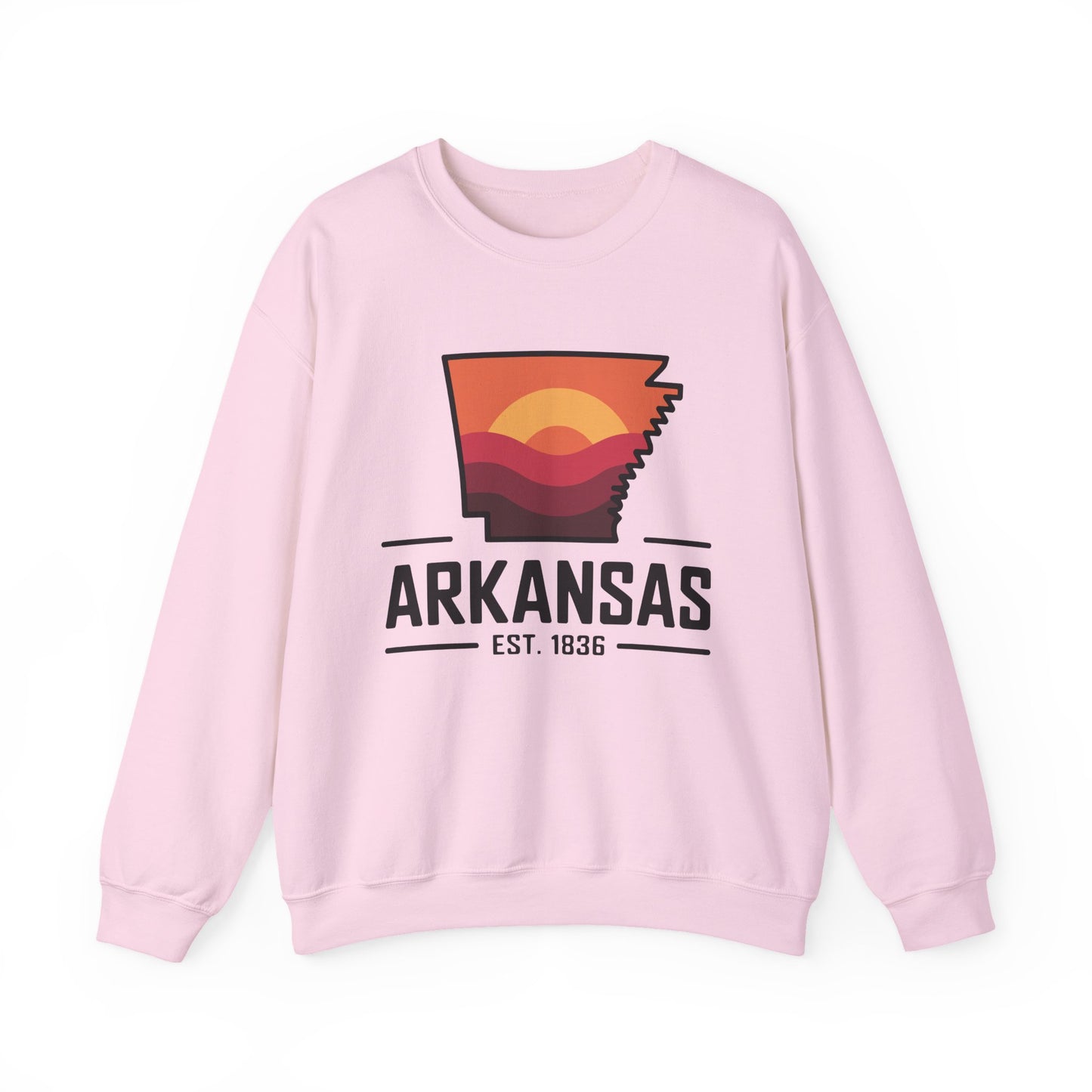 Arkansas Sunset Crewneck Sweatshirt — State Map Graphic, Est. 1836