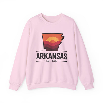 Arkansas Sunset Crewneck Sweatshirt — State Map Graphic, Est. 1836