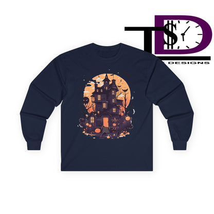 Halloween Haunted House Long Sleeve Tee - Spooky Vibes, Fall Fashion, Halloween Costume, Unisex Apparel, Gift for Ghost Lovers