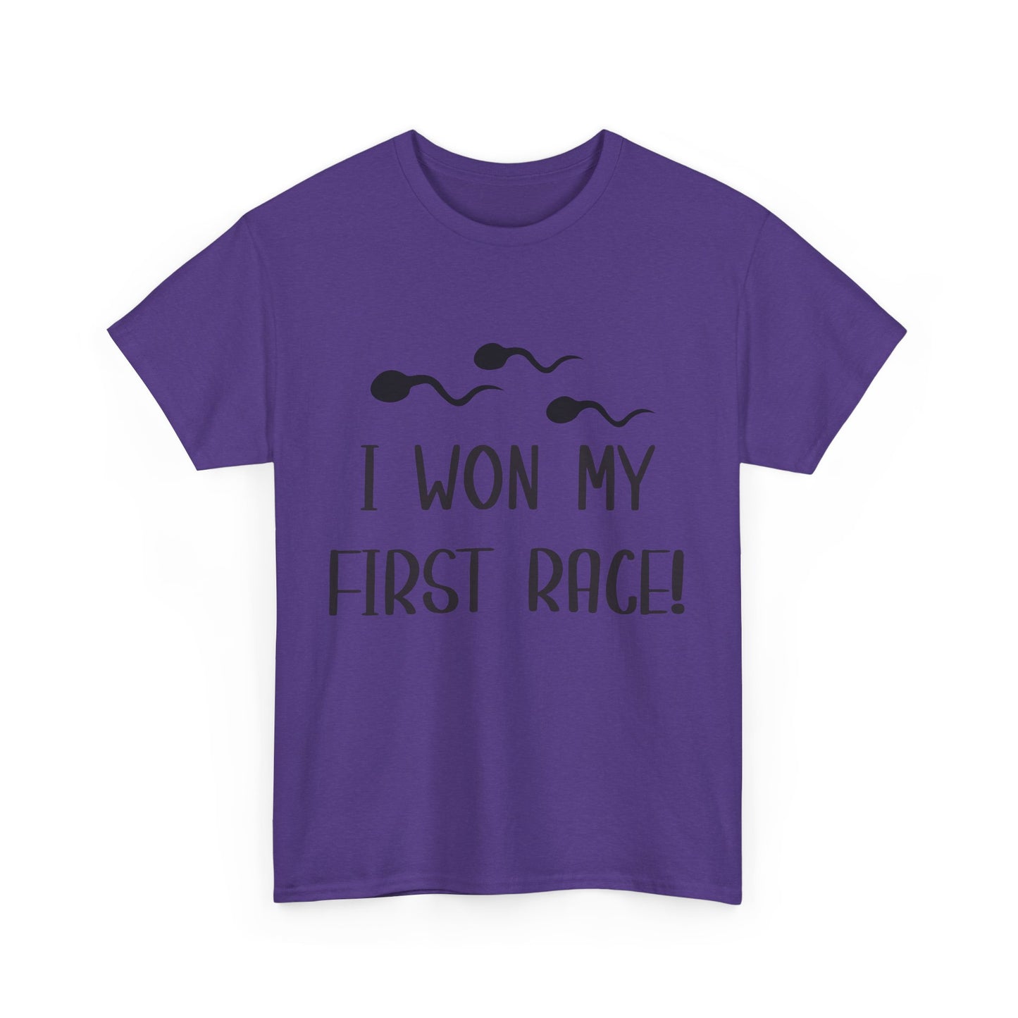 I Won My First Race! Unisex Heavy Cotton Tee - Fun Sperm Motif for New Dads and Celebrations