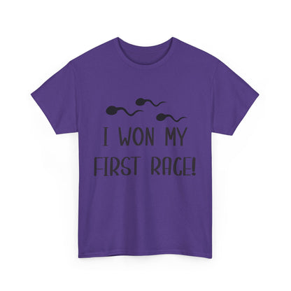 I Won My First Race! Unisex Heavy Cotton Tee - Fun Sperm Motif for New Dads and Celebrations