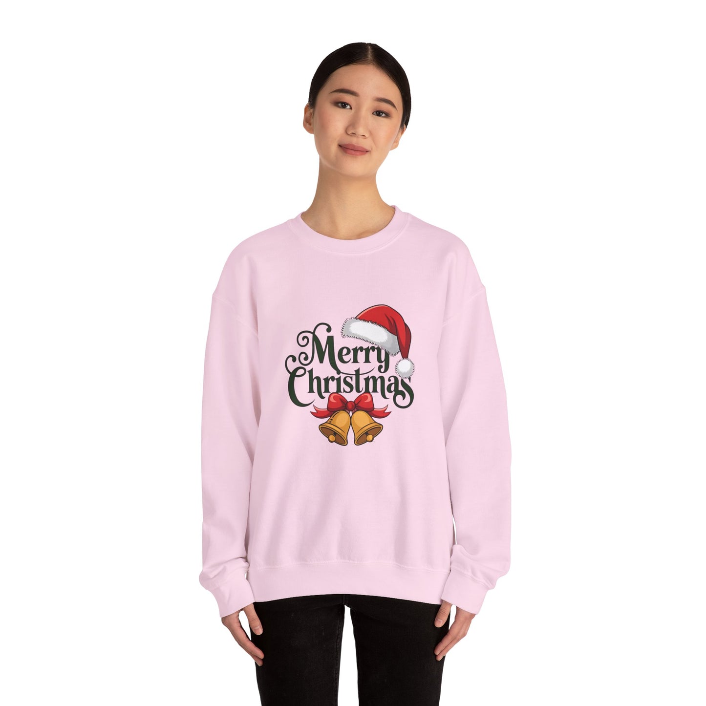 Christmas Crewneck Sweatshirt — "Merry Christmas" Santa Hat & Bells Holiday Sweatshirt