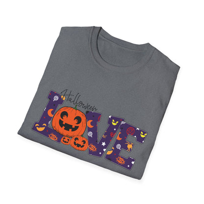 Halloween Love Graphic Tee, Unisex Softstyle T-Shirt for Fall, Halloween Party Shirt, Spooky Season Apparel, Gift for Pumpkin Lover
