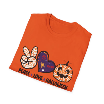 Halloween Peace Love T-Shirt, Unisex Graphic Tee for Fall Celebrations, Cozy Autumn Style, Perfect for Halloween Parties, Gifts