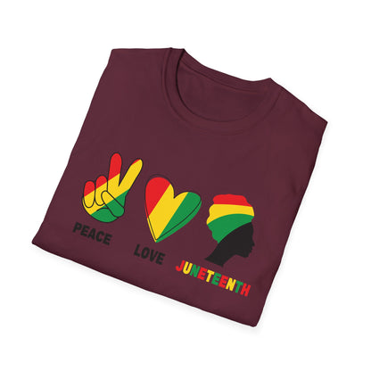 Juneteenth Peace Love Unisex Softstyle T-Shirt, Graphic Tee, Black History Month, Celebration Wear, Gift for Activists