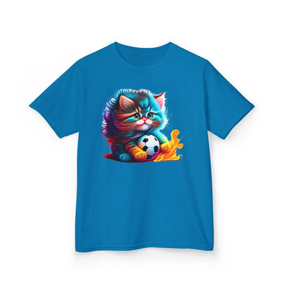Cute Cat Soccer Kids Tee - Colorful Heavy Cotton Shirt for Young Sports Fans
