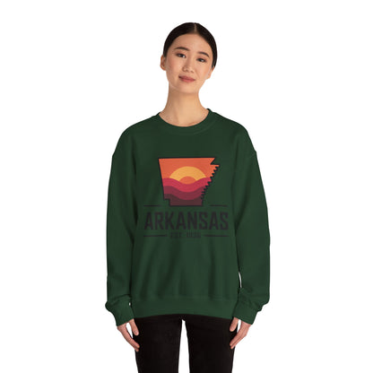 Arkansas Sunset Crewneck Sweatshirt — State Map Graphic, Est. 1836