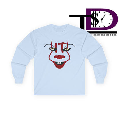 Creepy Clown Long Sleeve Tee, Unisex Halloween Shirt, Funny Costume Top, Fall Celebration Apparel, Spooky Graphic Tee, Horror Fan Gift