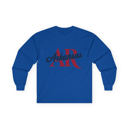 Arkansas AR Script Long Sleeve Tee — State Pride Graphic Shirt