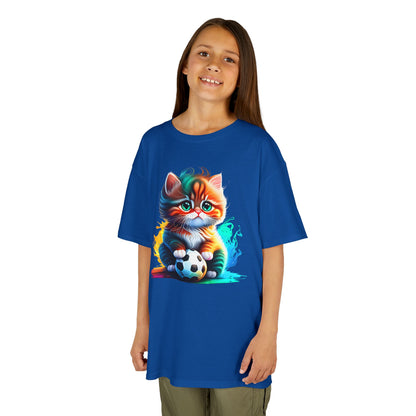 Playful Cat Soccer Kids Heavy Cotton™ Tee - Fun and Colorful T-Shirt for Young Animal Lovers