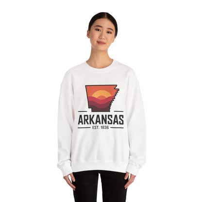 Arkansas Sunset Crewneck Sweatshirt — State Map Graphic, Est. 1836