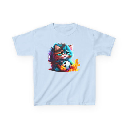 Cute Cat Soccer Kids Tee - Colorful Heavy Cotton Shirt for Young Sports Fans