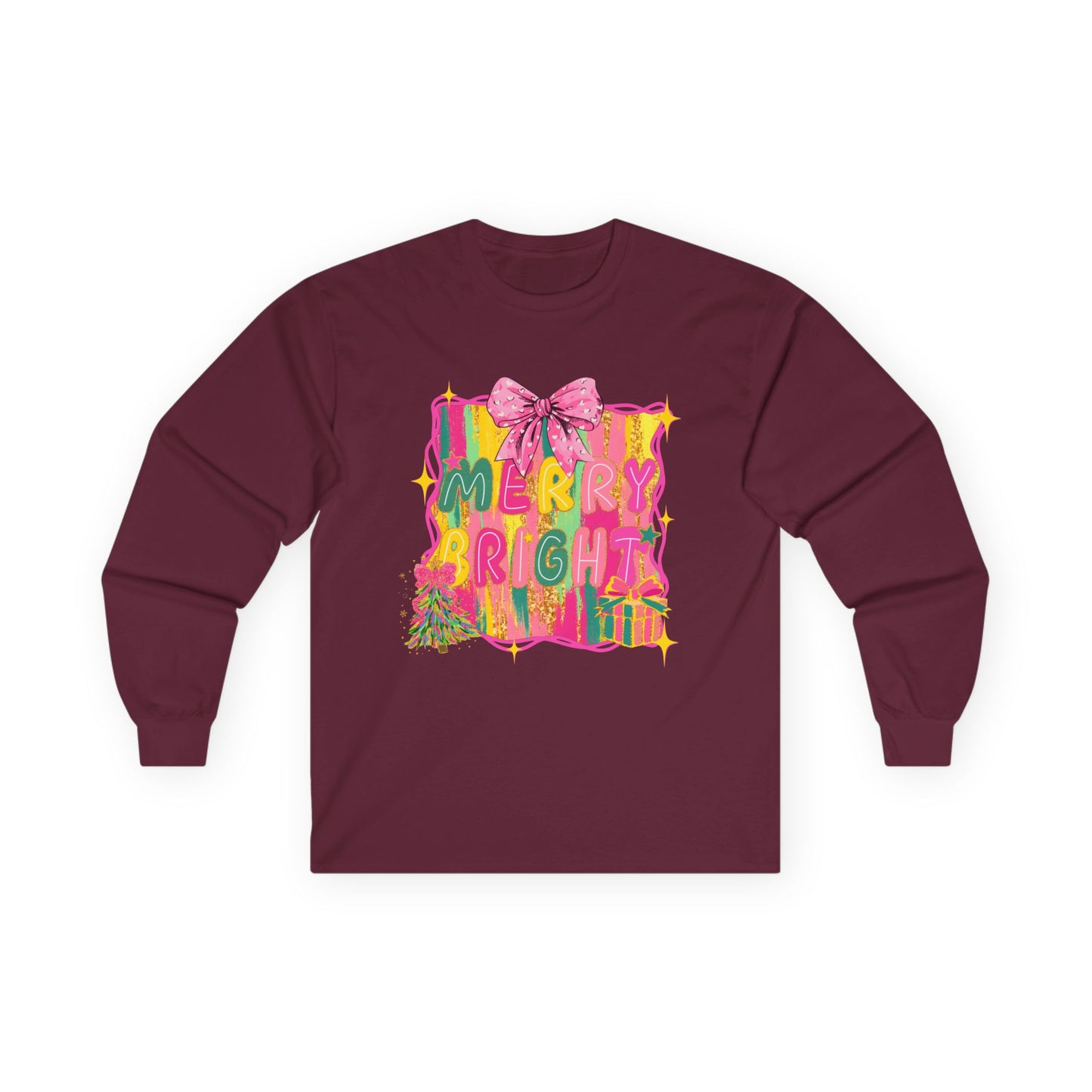 Merry Bright Long Sleeve Tee — Colorful Holiday Graphic Shirt