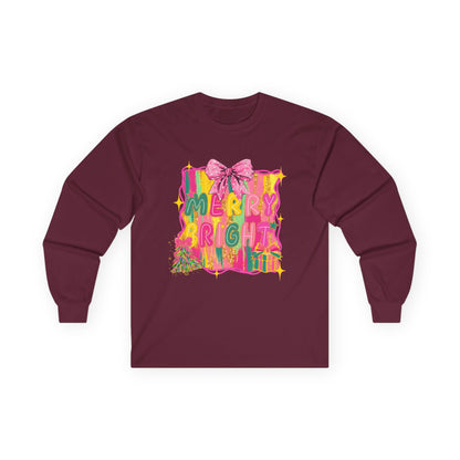Merry Bright Long Sleeve Tee — Colorful Holiday Graphic Shirt