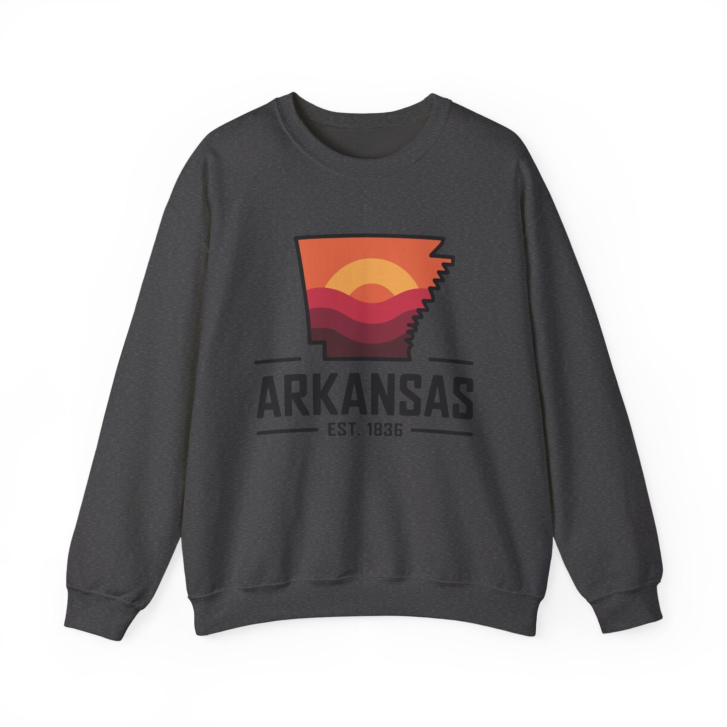 Arkansas Sunset Crewneck Sweatshirt — State Map Graphic, Est. 1836