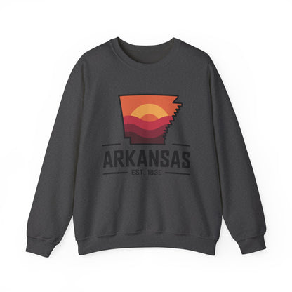 Arkansas Sunset Crewneck Sweatshirt — State Map Graphic, Est. 1836