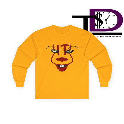 Creepy Clown Long Sleeve Tee, Unisex Halloween Shirt, Funny Costume Top, Fall Celebration Apparel, Spooky Graphic Tee, Horror Fan Gift