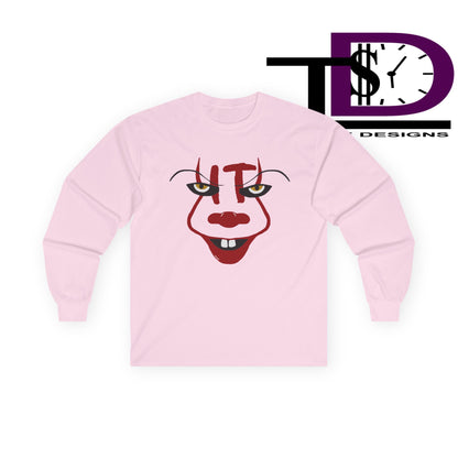 Creepy Clown Long Sleeve Tee, Unisex Halloween Shirt, Funny Costume Top, Fall Celebration Apparel, Spooky Graphic Tee, Horror Fan Gift