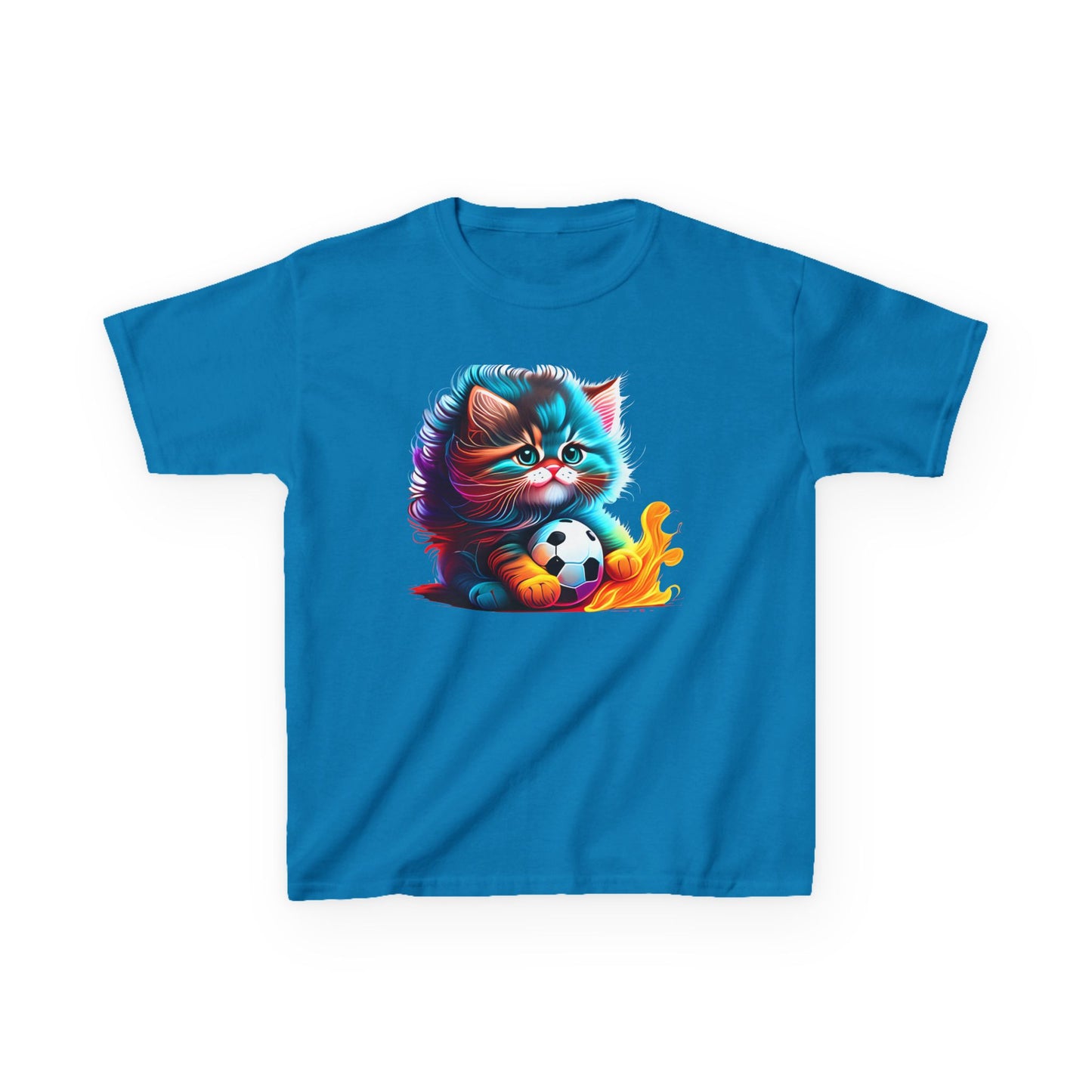 Cute Cat Soccer Kids Tee - Colorful Heavy Cotton Shirt for Young Sports Fans