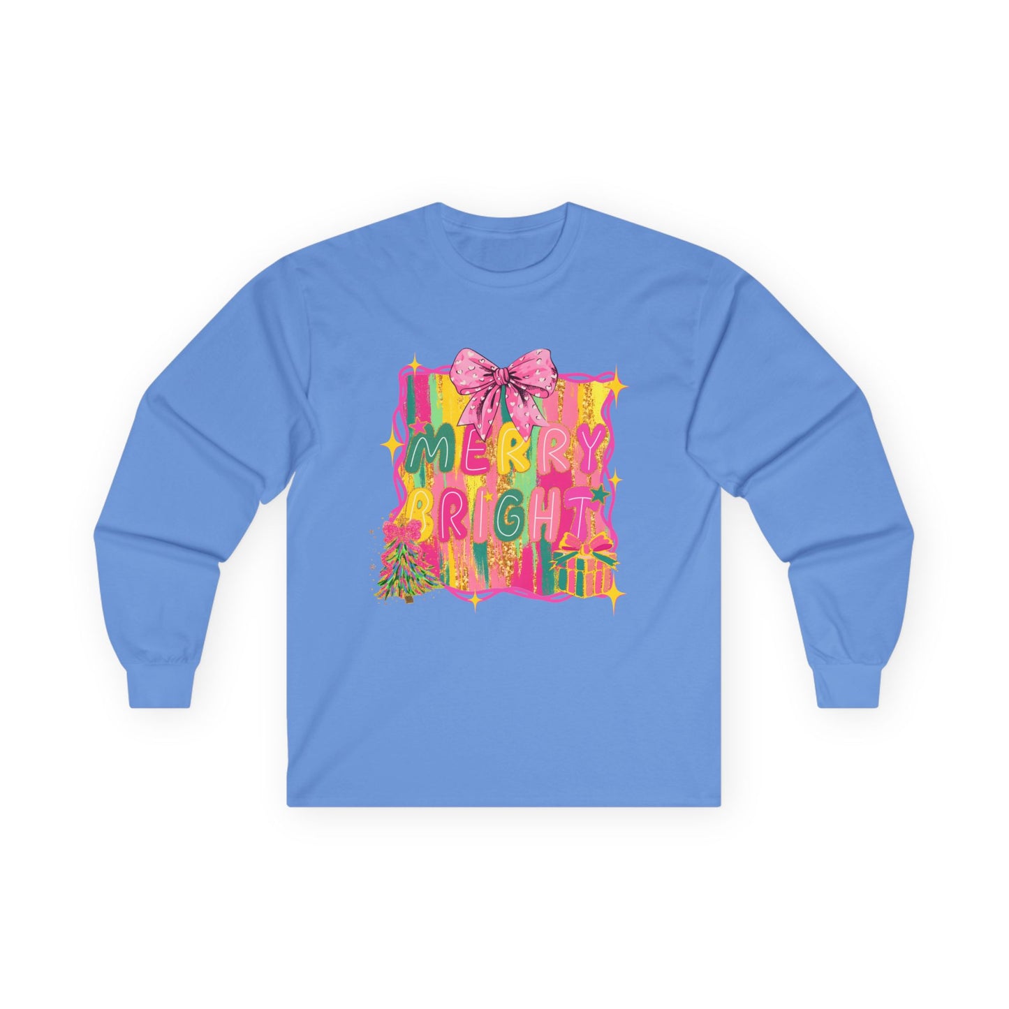 Merry Bright Long Sleeve Tee — Colorful Holiday Graphic Shirt