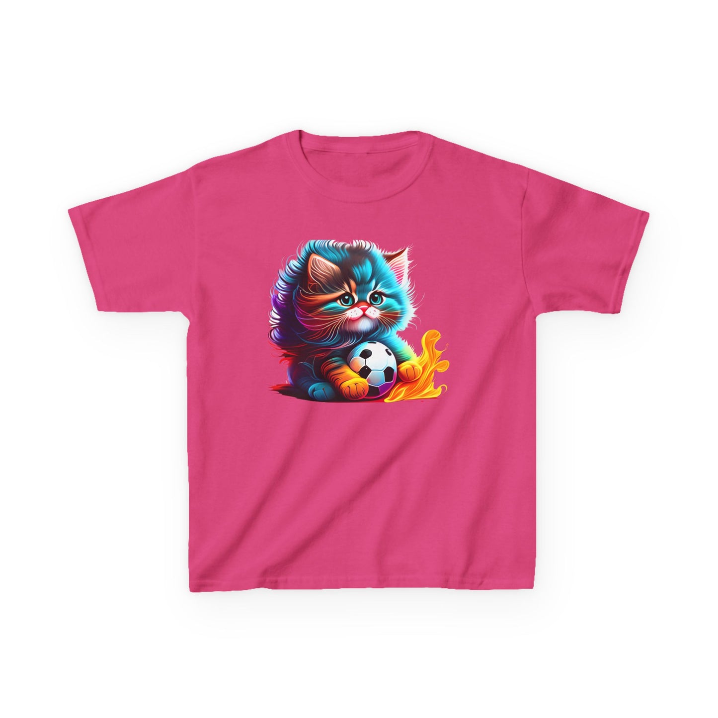 Cute Cat Soccer Kids Tee - Colorful Heavy Cotton Shirt for Young Sports Fans