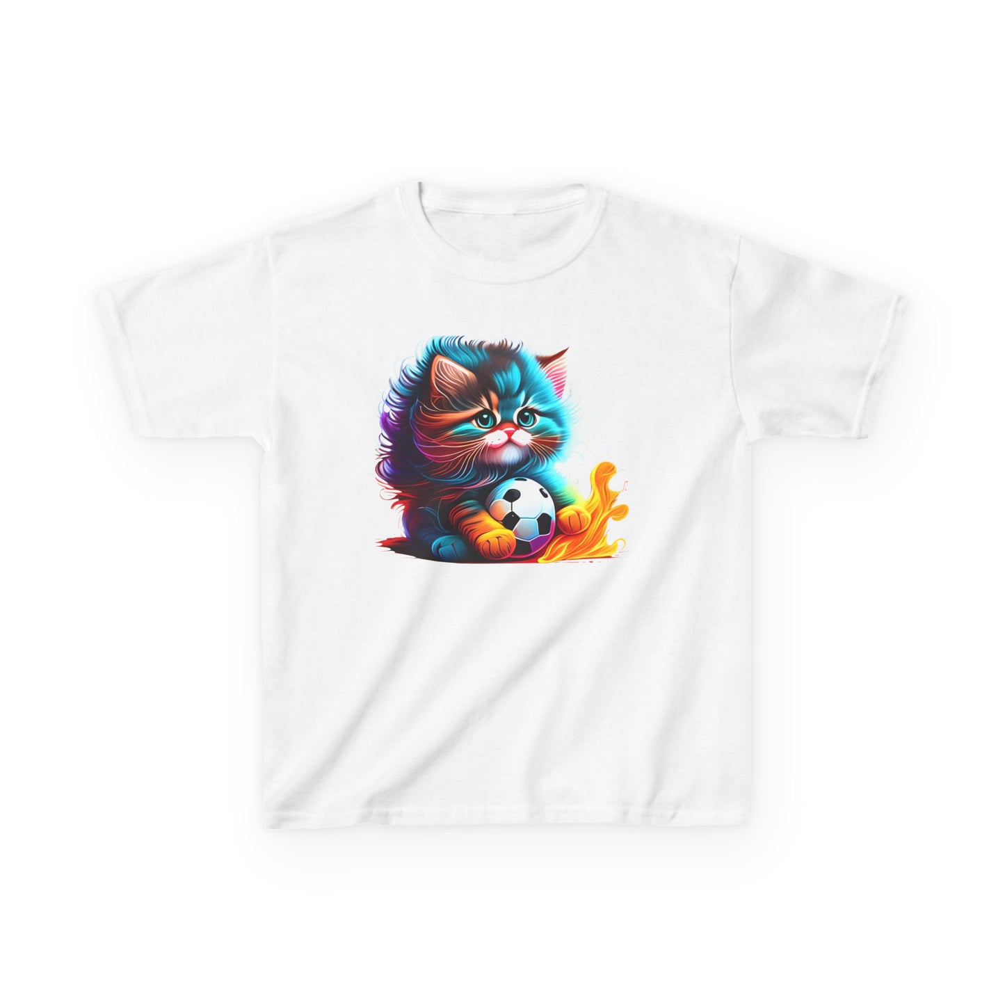 Cute Cat Soccer Kids Tee - Colorful Heavy Cotton Shirt for Young Sports Fans