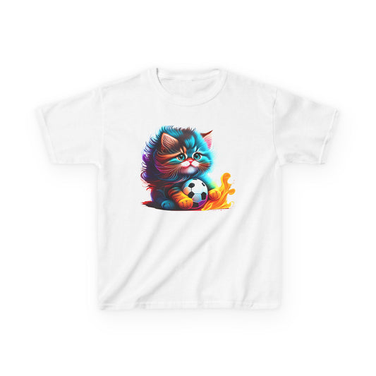 Cute Cat Soccer Kids Tee - Colorful Heavy Cotton Shirt for Young Sports Fans