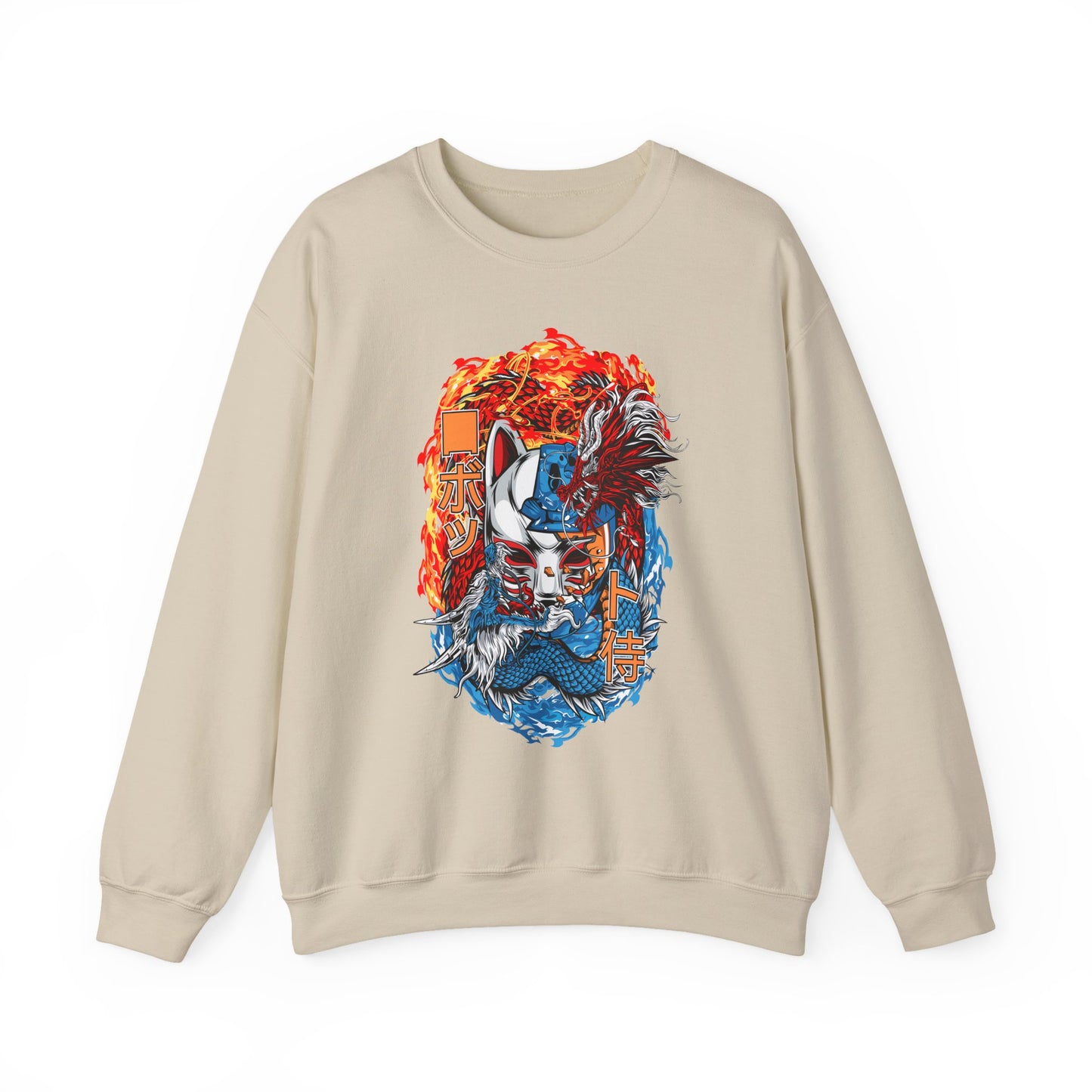 Kitsune Dragon Clash Crewneck Sweatshirt — Fiery Red & Blue Japanese Mask Design