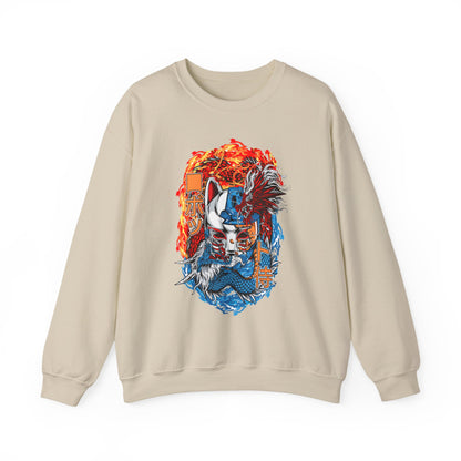 Kitsune Dragon Clash Crewneck Sweatshirt — Fiery Red & Blue Japanese Mask Design