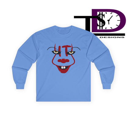 Creepy Clown Long Sleeve Tee, Unisex Halloween Shirt, Funny Costume Top, Fall Celebration Apparel, Spooky Graphic Tee, Horror Fan Gift