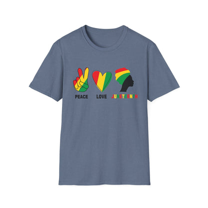 Juneteenth Peace Love Unisex Softstyle T-Shirt, Graphic Tee, Black History Month, Celebration Wear, Gift for Activists