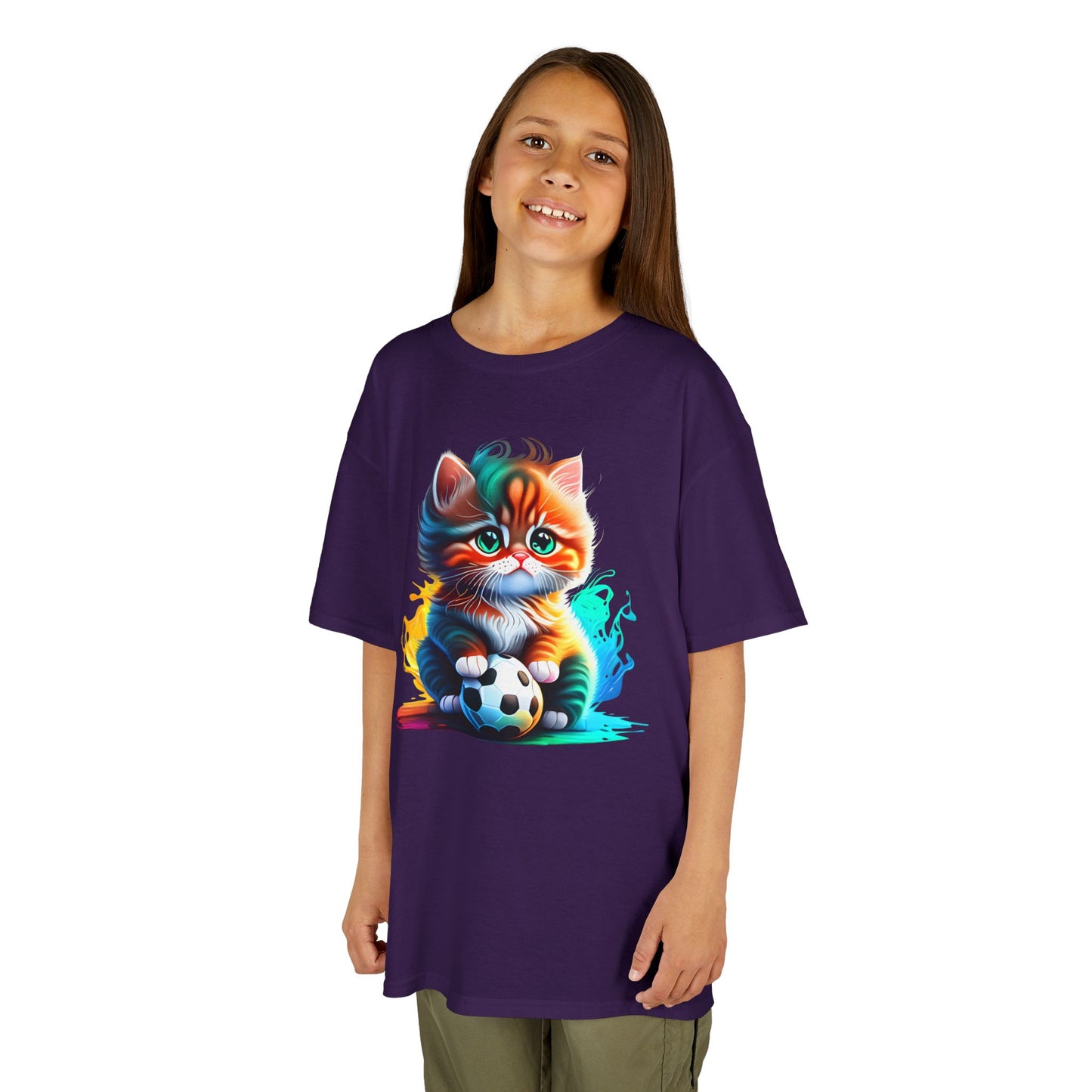 Playful Cat Soccer Kids Heavy Cotton™ Tee - Fun and Colorful T-Shirt for Young Animal Lovers