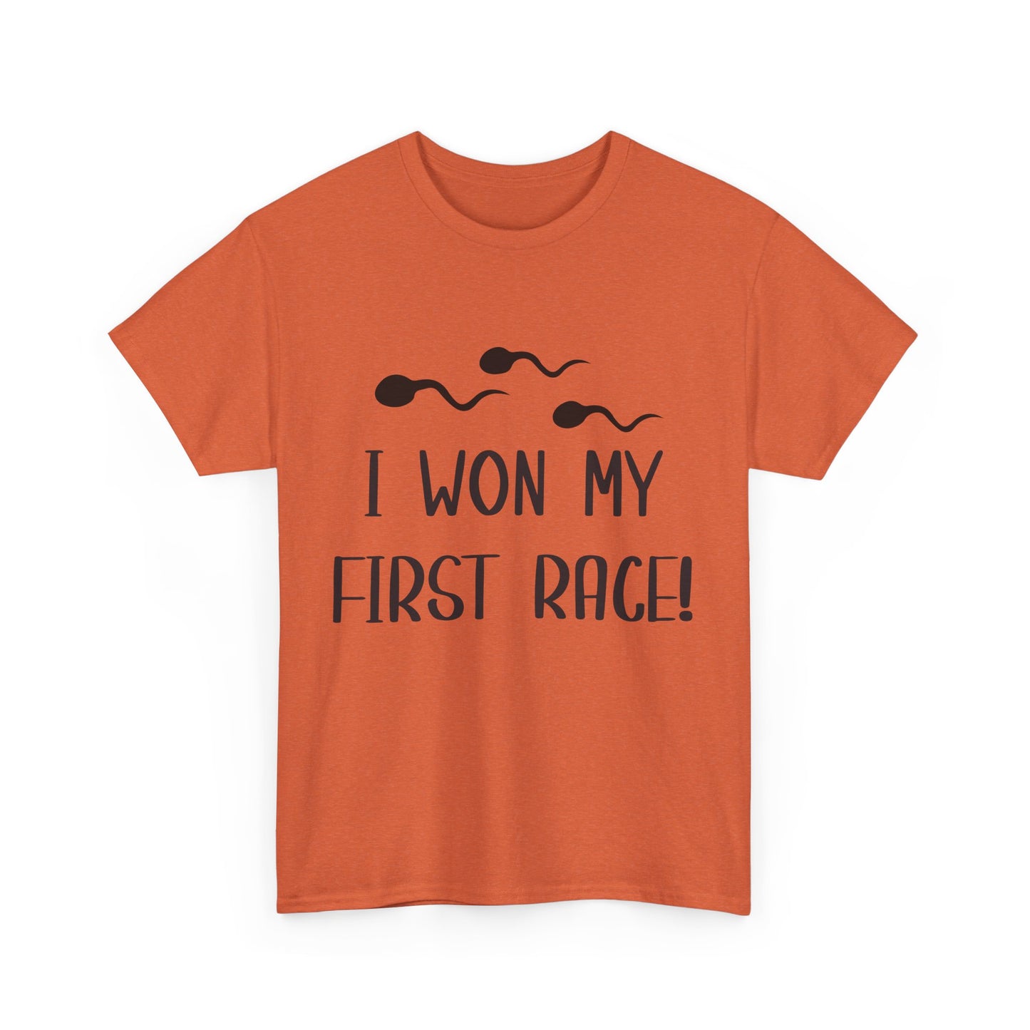 I Won My First Race! Unisex Heavy Cotton Tee - Fun Sperm Motif for New Dads and Celebrations