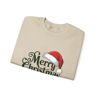 Christmas Crewneck Sweatshirt - "Merry Christmas" Santa Hat & Bells Holiday Sweater
