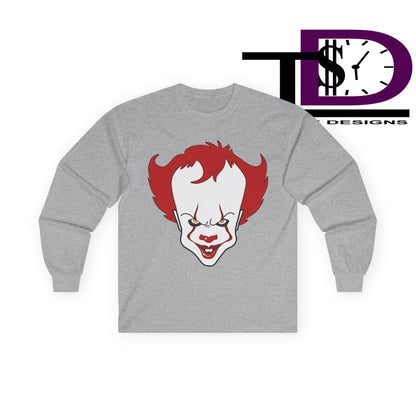 Pennywise Inspired Long Sleeve Tee, Horror Shirt, Movie Merch, Unisex Halloween Apparel, Scary Graphic Tee, Costume Top