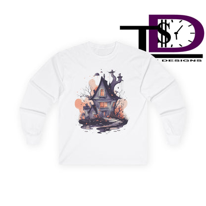 Spooky Haunted House Long Sleeve Tee, Halloween Shirt, Unisex Graphic Tee, Autumn Style, Cozy Fall Apparel, Horror T-Shirt