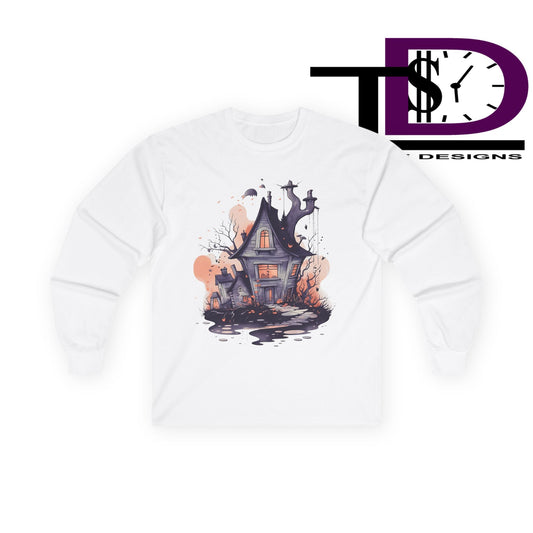 Spooky Haunted House Long Sleeve Tee, Halloween Shirt, Unisex Graphic Tee, Autumn Style, Cozy Fall Apparel, Horror T-Shirt