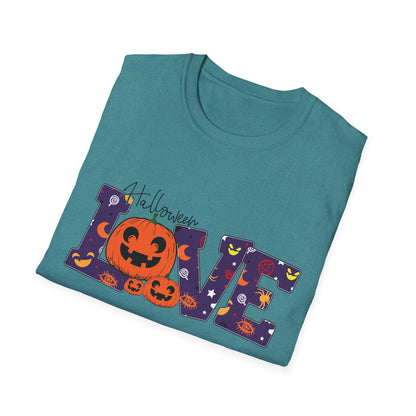 Halloween Love Graphic Tee, Unisex Softstyle T-Shirt for Fall, Halloween Party Shirt, Spooky Season Apparel, Gift for Pumpkin Lover