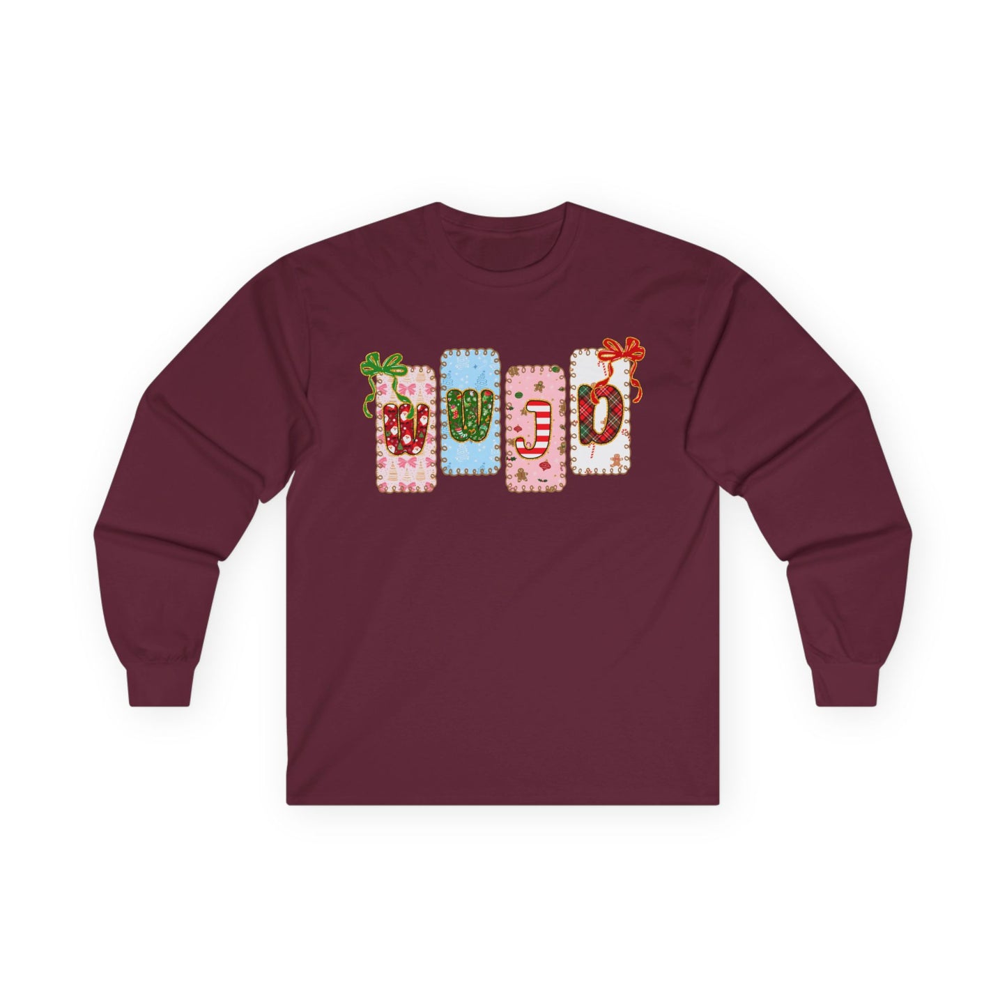Long Sleeve Tee — Festive Gift Tag Graphic (Holidays, Christmas)