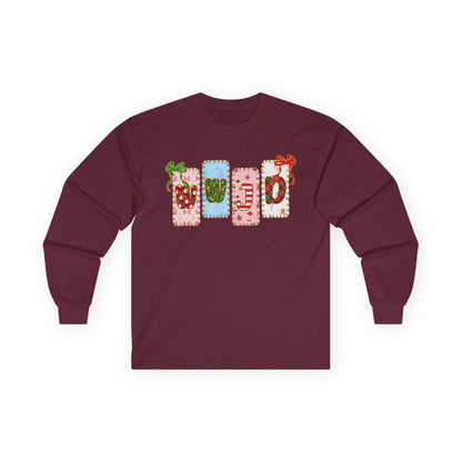 Long Sleeve Tee — Festive Gift Tag Graphic (Holidays, Christmas)