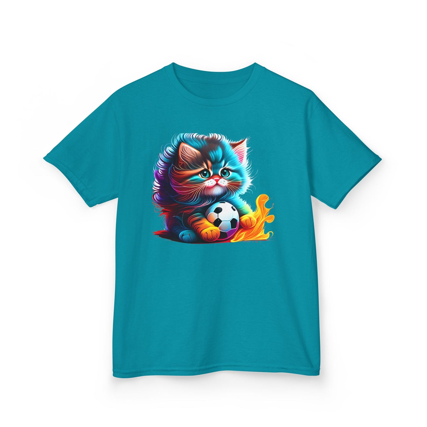 Cute Cat Soccer Kids Tee - Colorful Heavy Cotton Shirt for Young Sports Fans